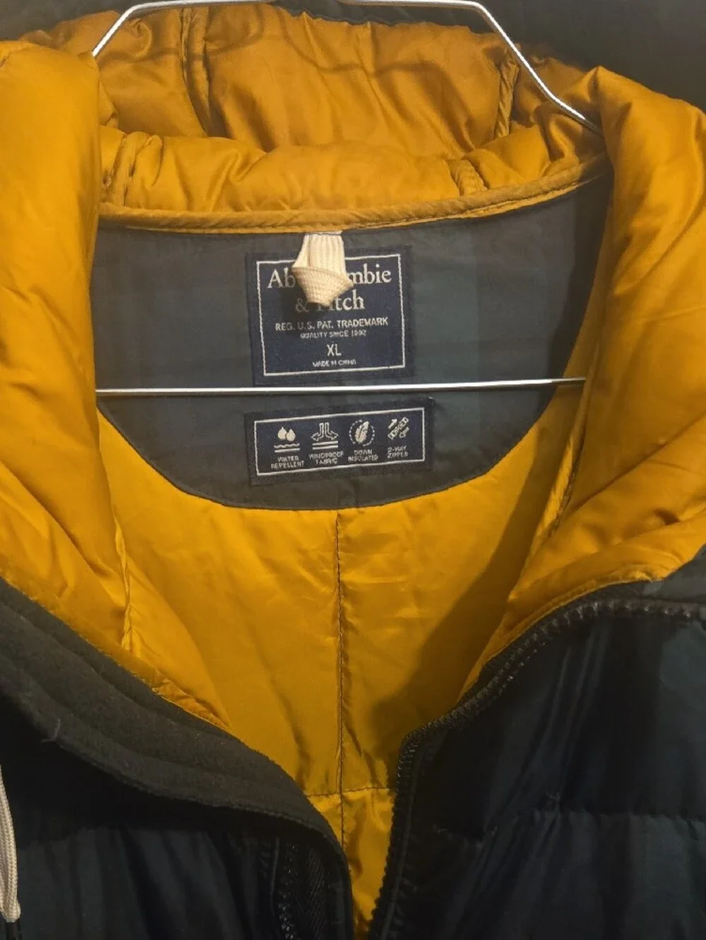 Men's Hooded Puffer Jacket in Blue And Green Plaid with Gold Lining